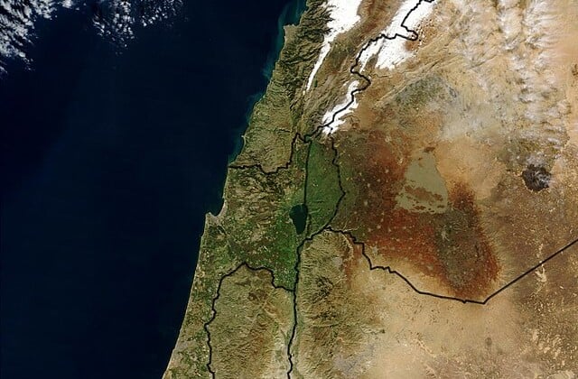 Color atellite image showing Sea of Galilee's location with Mediterranean Sea to the west