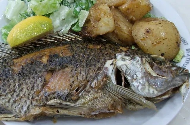 View down on a white plate holding a cooked whole fish accompanied by a slice of lemon, potatoes, and salad