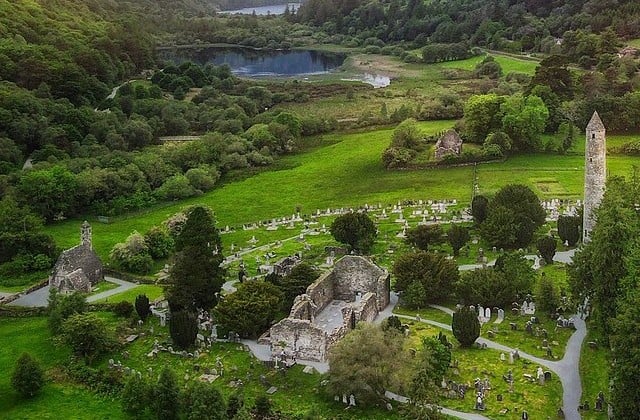 Aerial view of the Monastic site of Glendalough with two lakes off in the distance