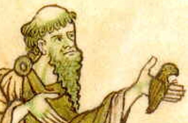 Drawing of St. Kein with a long beard, bald on top of his head with long hair having his left arm extended and holding a bird in it