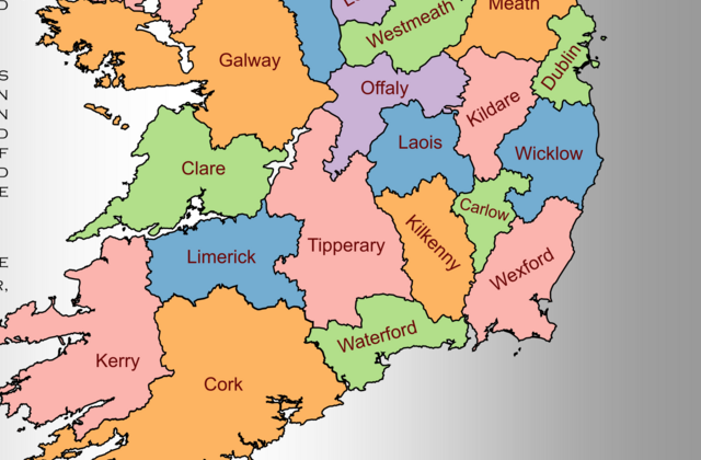 Colored map showing the location of Irish counties in southeastern Ireland.