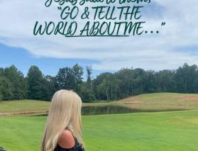 Go and Tell the world about Jesus, photo of a woman looking out at a wide field and pond thinking about sharing the gospel.