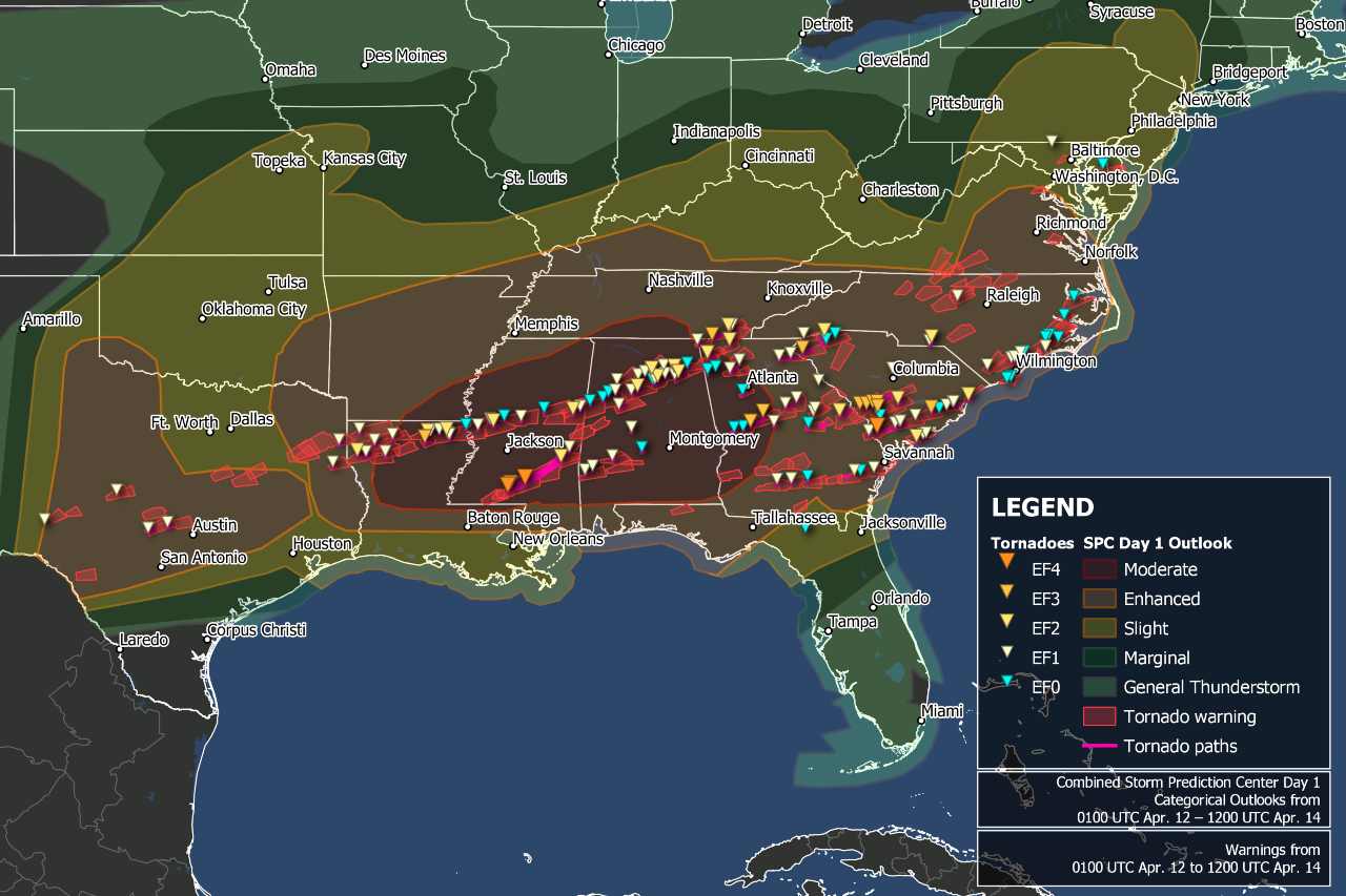 Map of tornados during April 2020.