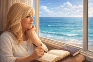 Woman journaling and looking out the window at the 