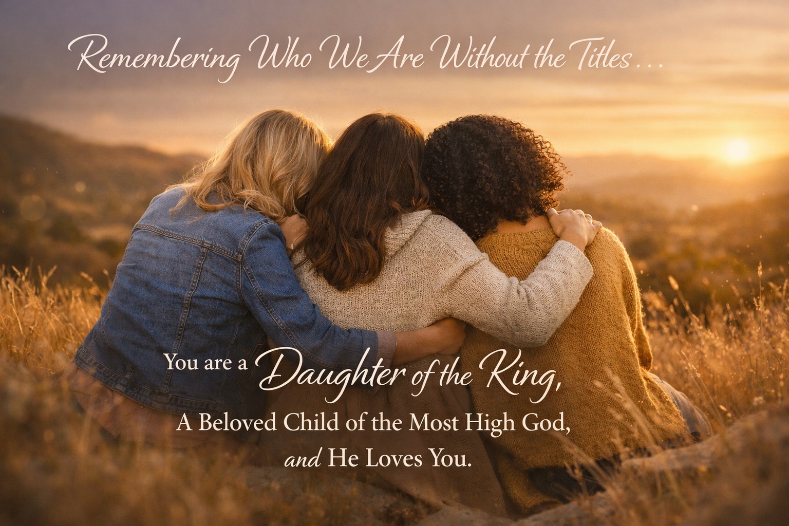 Photo of ladies looking at a sunset thinking about who they are as daughters of God.