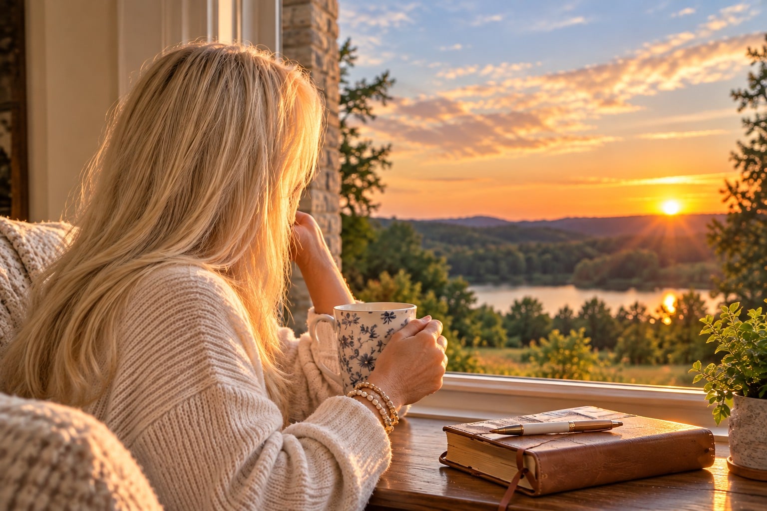 photo of a woman looking out a window at a sunset in a quiet and reflective moment