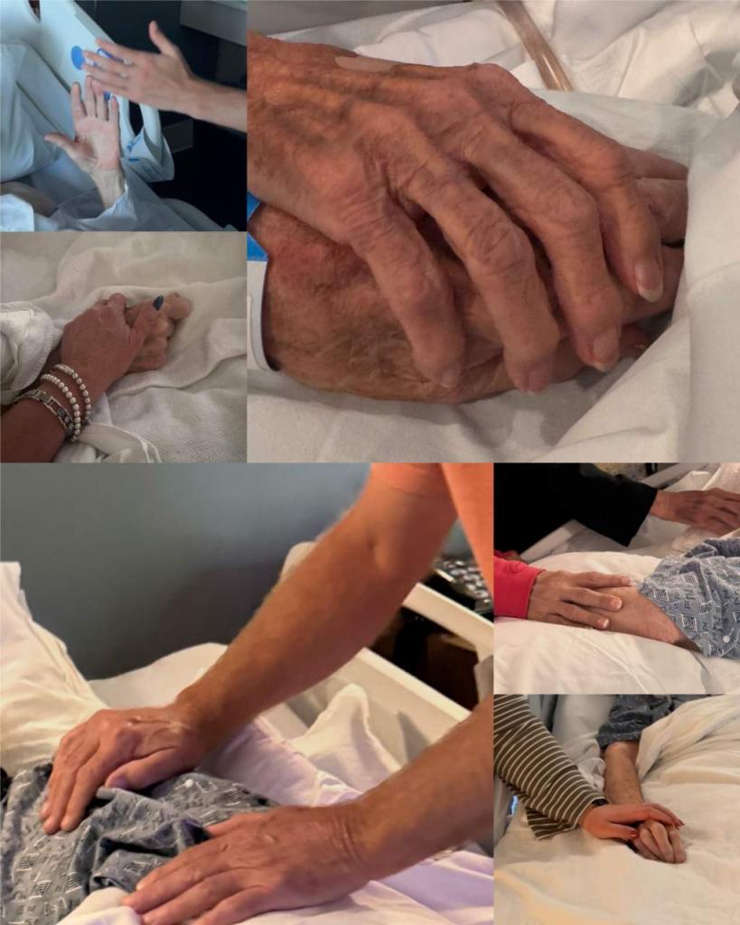 Several photos combined into a collage. The pics are of multiple people holding hands with a sick loved one.