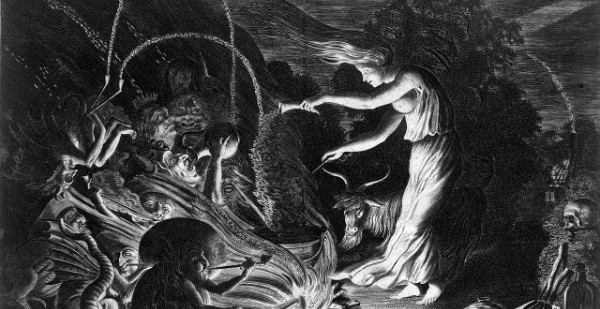 A_witch_at_her_cauldron_surrounded_by_beasts._Etching_by_J._Wellcome_L0019609