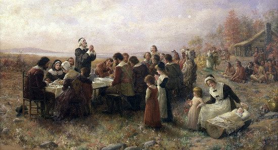 "The First Thanksgiving at Plymouth" by Jennie Augusta Brownscombe. From WikiMedia. 