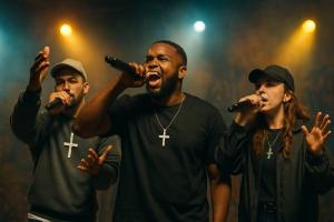Image | Three Christian Hip Hop artists performing | generated by the author, 2025