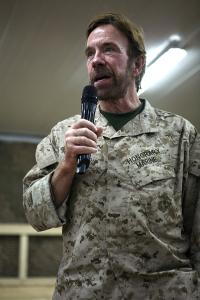 Photo | Chuck Norris at Al Asad, Iraq, speaking to Marines | courtesy of USMC, Wikimedia Creative Commons