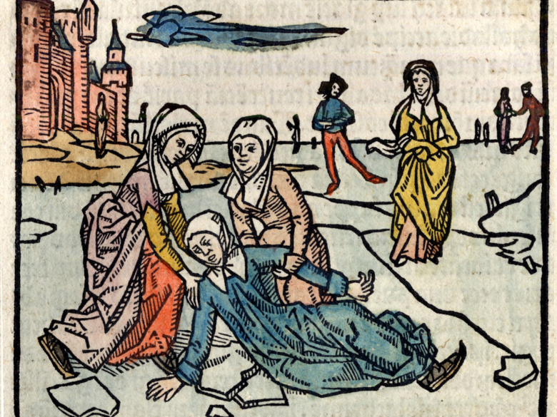 Colored woodcut image of St. Lidwina falling in her ice-skating accident