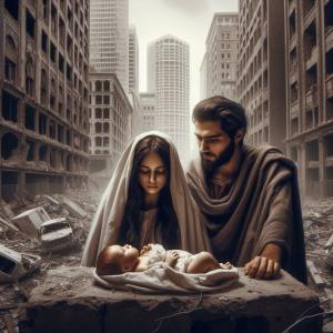 Mary and Joseph in a modern city that has been bombed. Rubble is all around them and baby Jesus is laying on a piece of cement. 