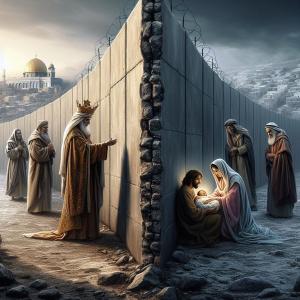 The Israeli Separation Wall with the 3 Wise Men on one side and Mary, Joseph, and Jesus on the other