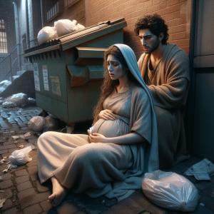 Mary and Joseph in a modern downtown alley. Mary is in labor, and Joseph is trying to help. 