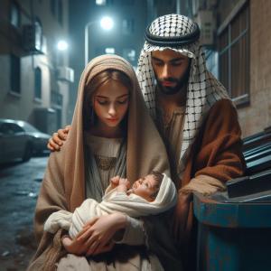 Mary and Joseph in a modern city alleyway, holding baby Jesus