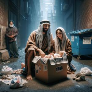 Mary and Joseph in a modern city alley, with Baby Jesus in a cardboard box lined with newspaper instead of a manger lined with hay