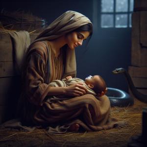Mary holds baby Jesus in a stable while a snake watches nearby
