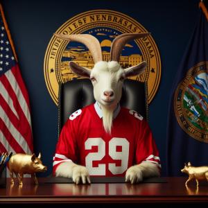 A goat wearing a red #29 football jersey seated behind a fancy desk with the Nebraska flag behind him and a pig figurine on the desk