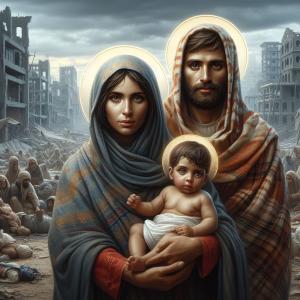 The Holy Family as refugees with a destroyed city behind them