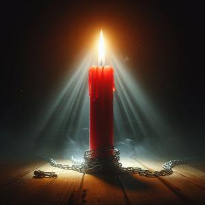 A single candle shining in the darkness, with broken chains around it