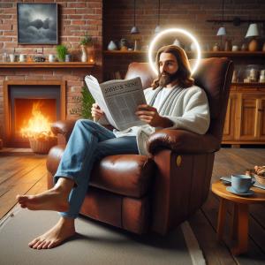 Jesus in a recliner reading a newspaper