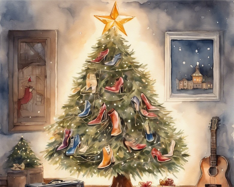 Christmas tree in an American home featuring high heeled shoes as Christmas ornaments with an acoustic guitar nearby. Featured image for Defending Unpopular Christmas Songs - The Christmas Shoes by Mark Whitlock on Patheos
