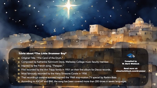 Trivia card about the song "Little Drummer Boy" found on Patheos.com in an article by Mark Whitlock titled Defending Unpopular Christmas Songs - Little Drummer Boy. Image created via AI using a prompt by Whitlock and an engine by izea.com