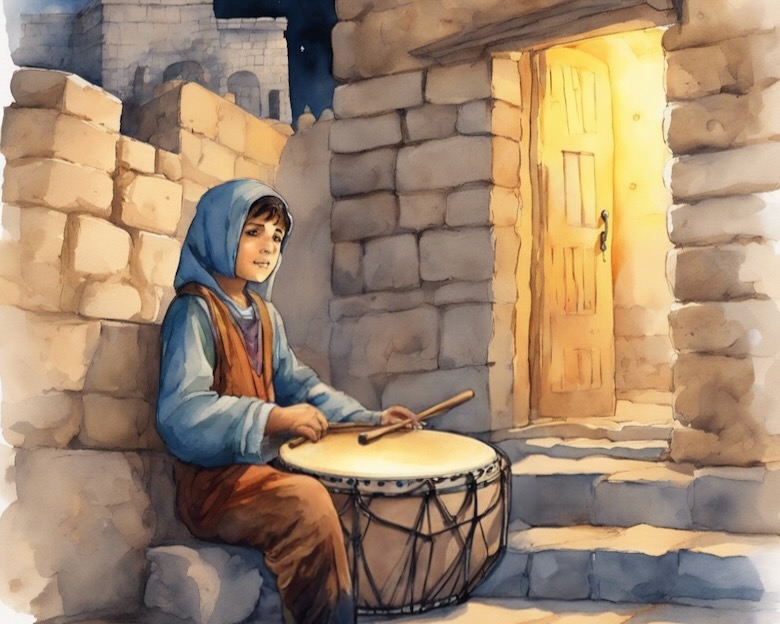 3BC. 10-year-boy playing a drum outside of a Bethlehem home glowing from inside. Article about the song "Little Drummer Boy" found on Patheos.com in an article by Mark Whitlock titled Defending Unpopular Christmas Songs - Little Drummer Boy. Image created via AI using a prompt by Whitlock and an engine by izea.com