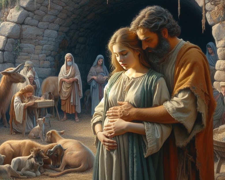Pregnant Teenage Girl, Mary the mother of Jesus, and her husband, Joseph the Carpenter, in Bethlehem around 3 BC. Mouth to a cave. Animals including sheep. Onlookers. Featured image for Patheos article Defending Unpopular Christmas Songs - Mary Did You Know