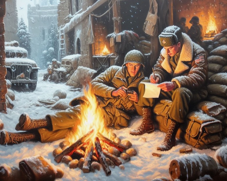 Two American soldiers during World War II huddle around a small fire. One looks at a picture of his sweetheart. One writes a letter home. The featured image for Defending Unpopular Christmas Songs - I'll Be Home for Christmas by Mark Whitlock on Patheos.