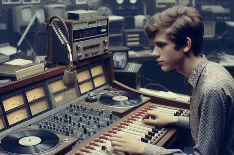Young man at controls of a late 1960s radio station. featured image 6 albums transformed Contemporary Christian Music CCM by Mark Whitlock.