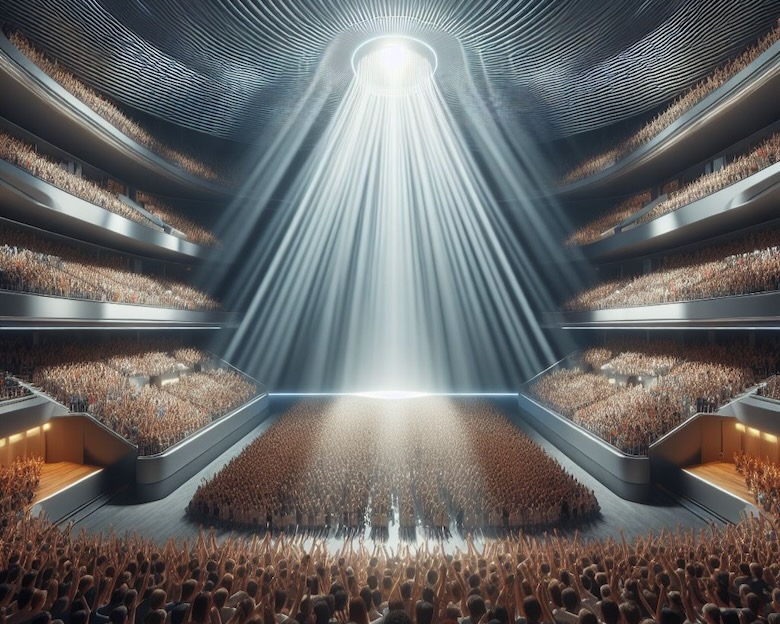 Photorealistic picture of a large auditorium full of excited worshippers encircled in the light of the character of God. The featured image for Patheos article: A Worship Experiment: Studying the Psalms as a Guide by Mark Whitlock.