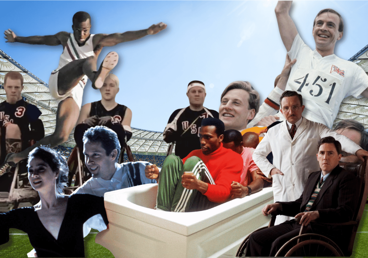 Tableau for Patheos article by Mark Whitlock, Top 15 Inspiring Movies about the Olympics & Paralympics, featuring Chariots of Fire, Cool Runnings, Murderball, The Best of Men, Race, and Cutting Edge