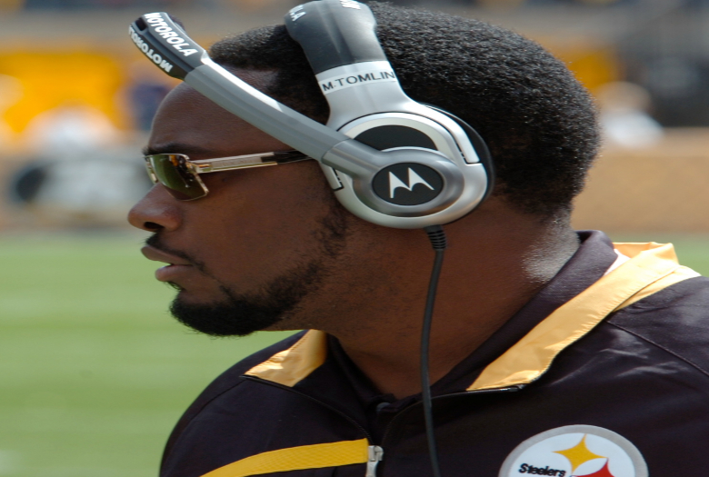 Mike Tomlin at Pittsburgh Steelers Home Opener - Steelers beat the Bills 26 - 3. This was the 500th win for the Steelers sporting the 75th year "Throwback" uniforms.