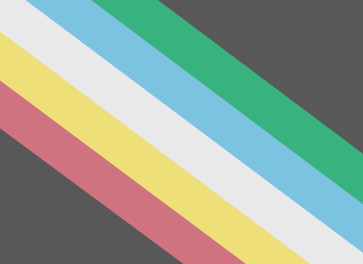 The Disability Pride Month Flag contains charcoal grey design bisected diagonally from the top left corner to the lower right right corner by five parallel stripes in red, pale gold, pale grey, light blue, and green.