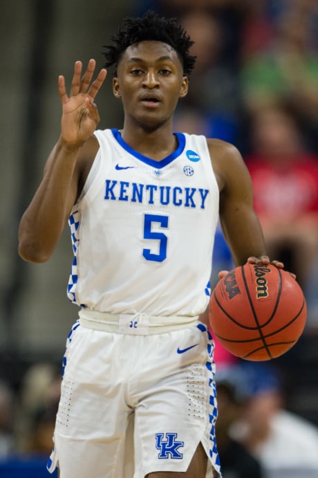 Immanuel Quickley playing for the University of Kentucky Wildcats basketball team calls a play during a game on March 23, 2019.