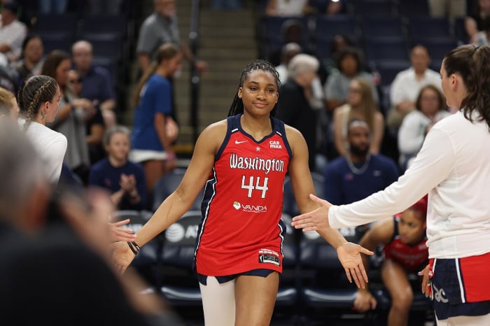 Kiki Iriafen and the Washington Mystics playing the Minnesota Lynx at the Target Center in Minneapolis, Minnesota.