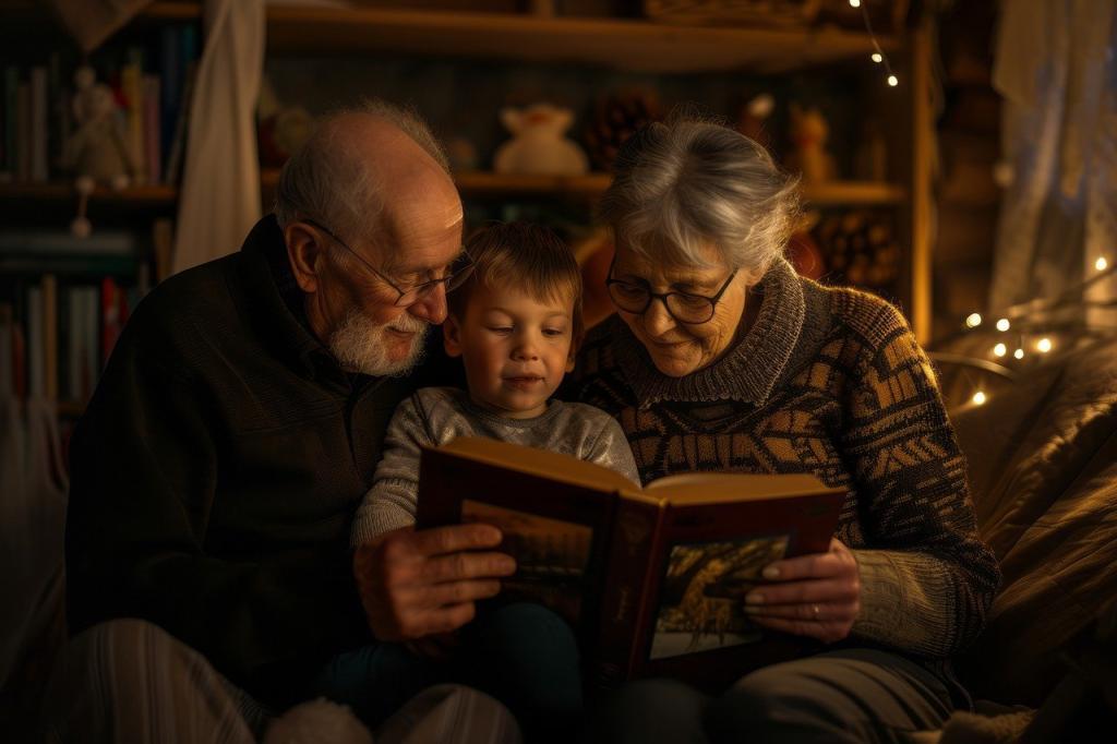 The image is of two grandparents reading a book to their grandson.