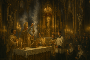 The Latin Mass, pageantry and ritual are more theatrical, but NOT more mysterious. Image in the public domain/generated by AI