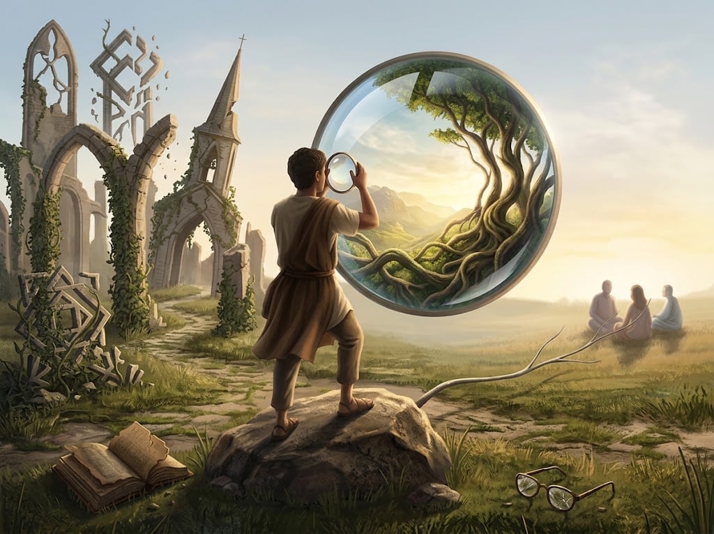 I wanted to find a place to stand—a new lens, orientation or worldview—that might help me to make sense of things, NOT a new belief system. Image by Gemini/AI-generated, in the public domain
