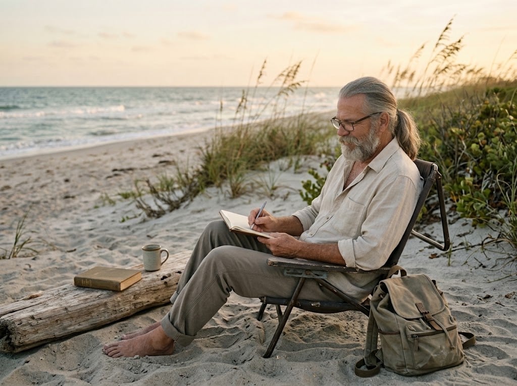 The single-minded banker who funded schools and streets 25 years ago would barely recognize the pony-tailed beachcomber who writes spiritual books today. Image by Gemini/Ai-generated, in the public domain