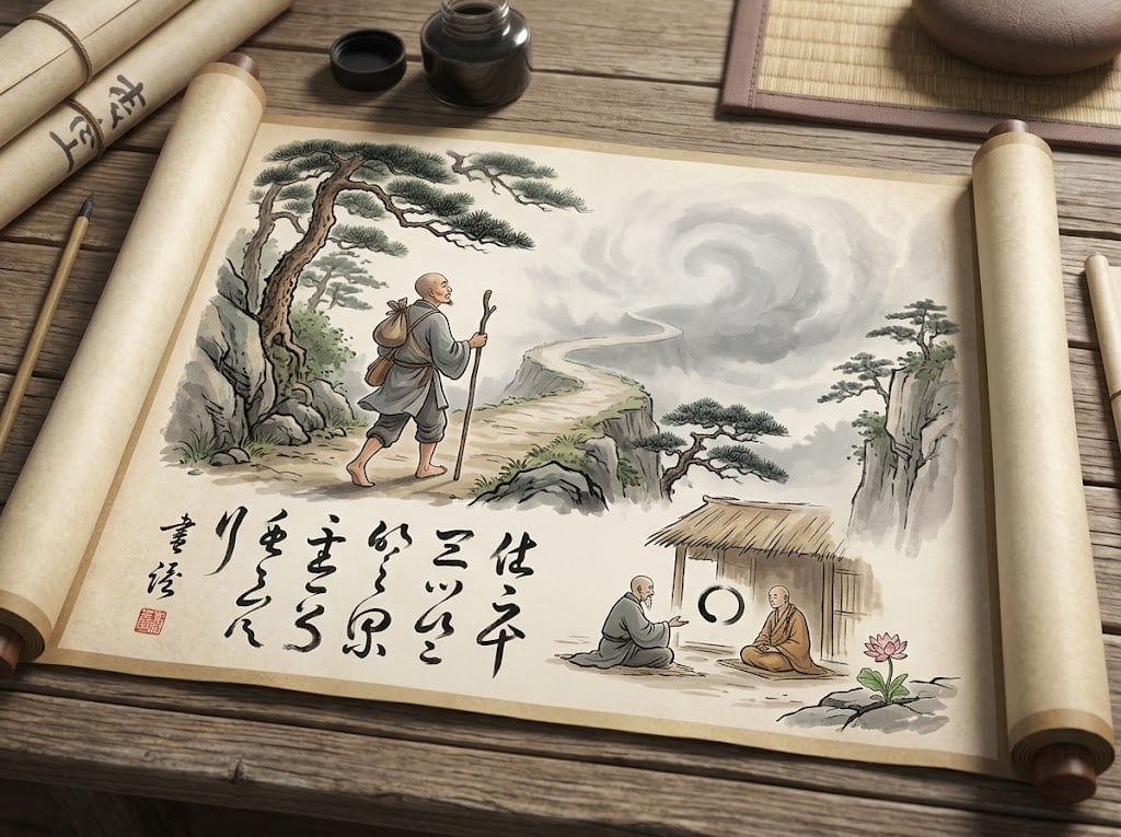 Dizang then asked, "What is the purpose of pilgrimage?" Fayan replied, "I don't know." Image from Gamini/AI-generated, in the public domain