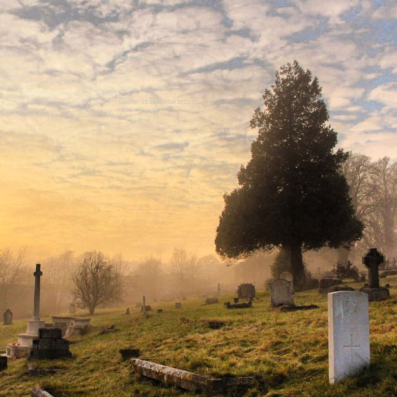 Old cemetery with a beautiful sunset