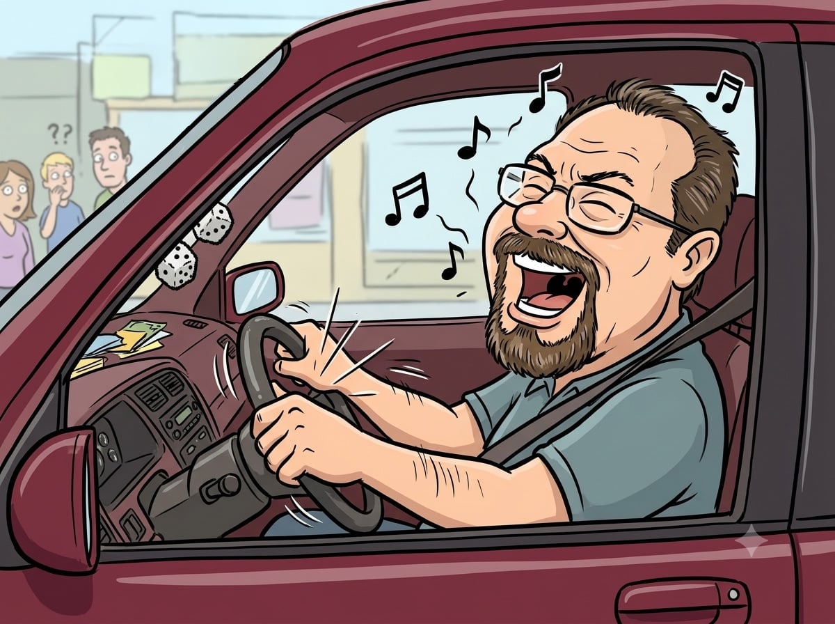 Image of the Author rocking out in his minivan made in Google Gemini and manipulated buy the author.