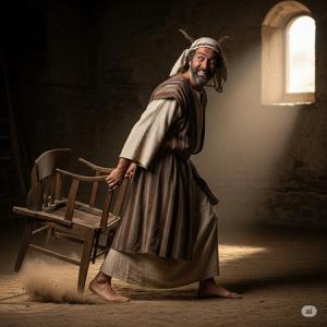 man dragging chair