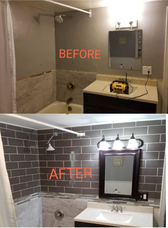 While we waited for the main bath to be remediated, our contractor fixed up this bath for us. 