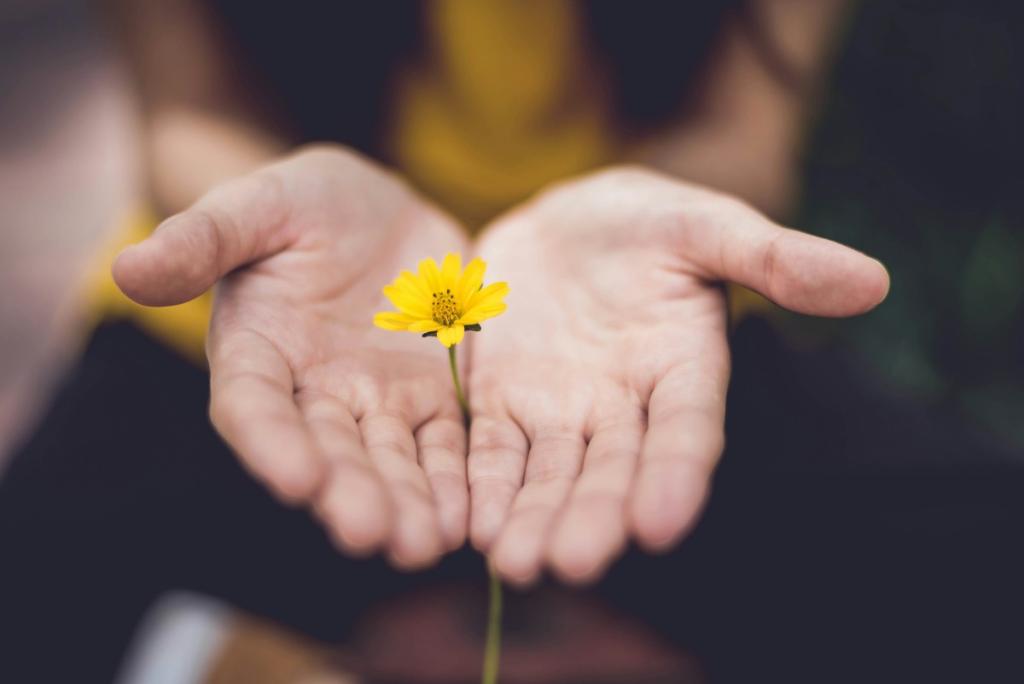 Hand out in front holding small yellow flower