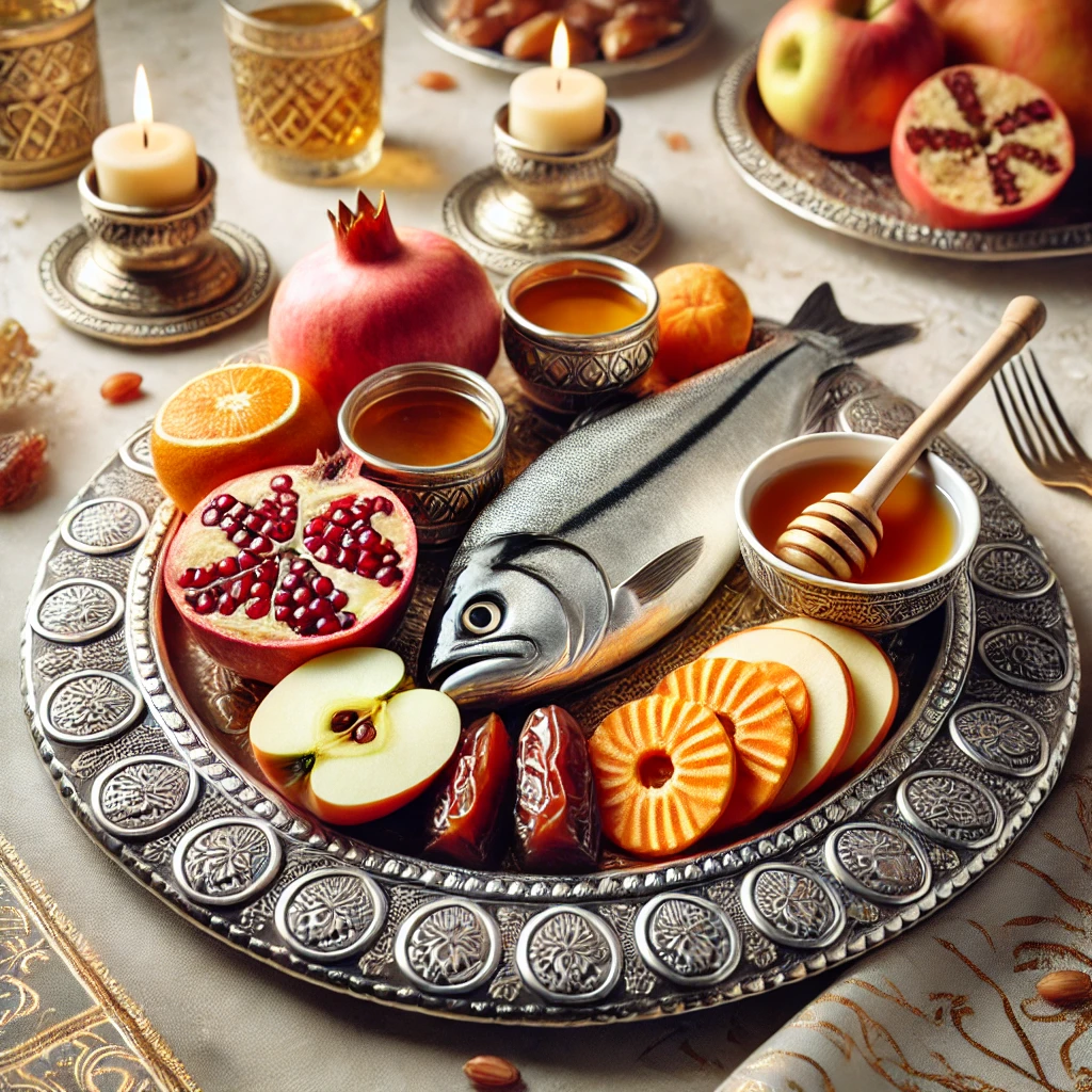 Rosh Hashanah Seder Plate and the symbolic foods consumed