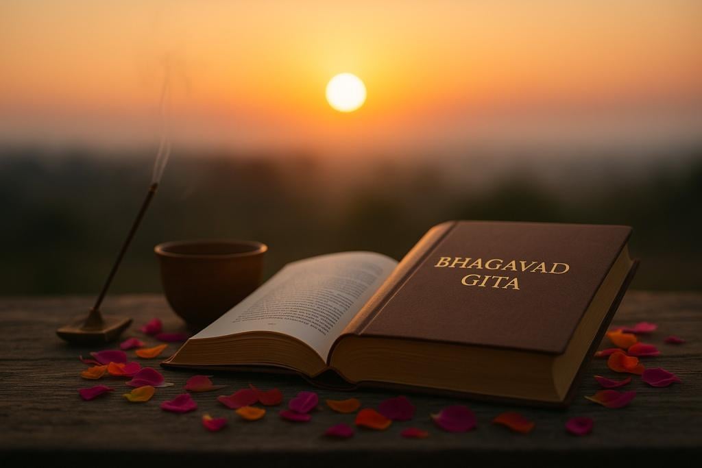 A sunset over the Bhagavad Gita and a cup of tea.
